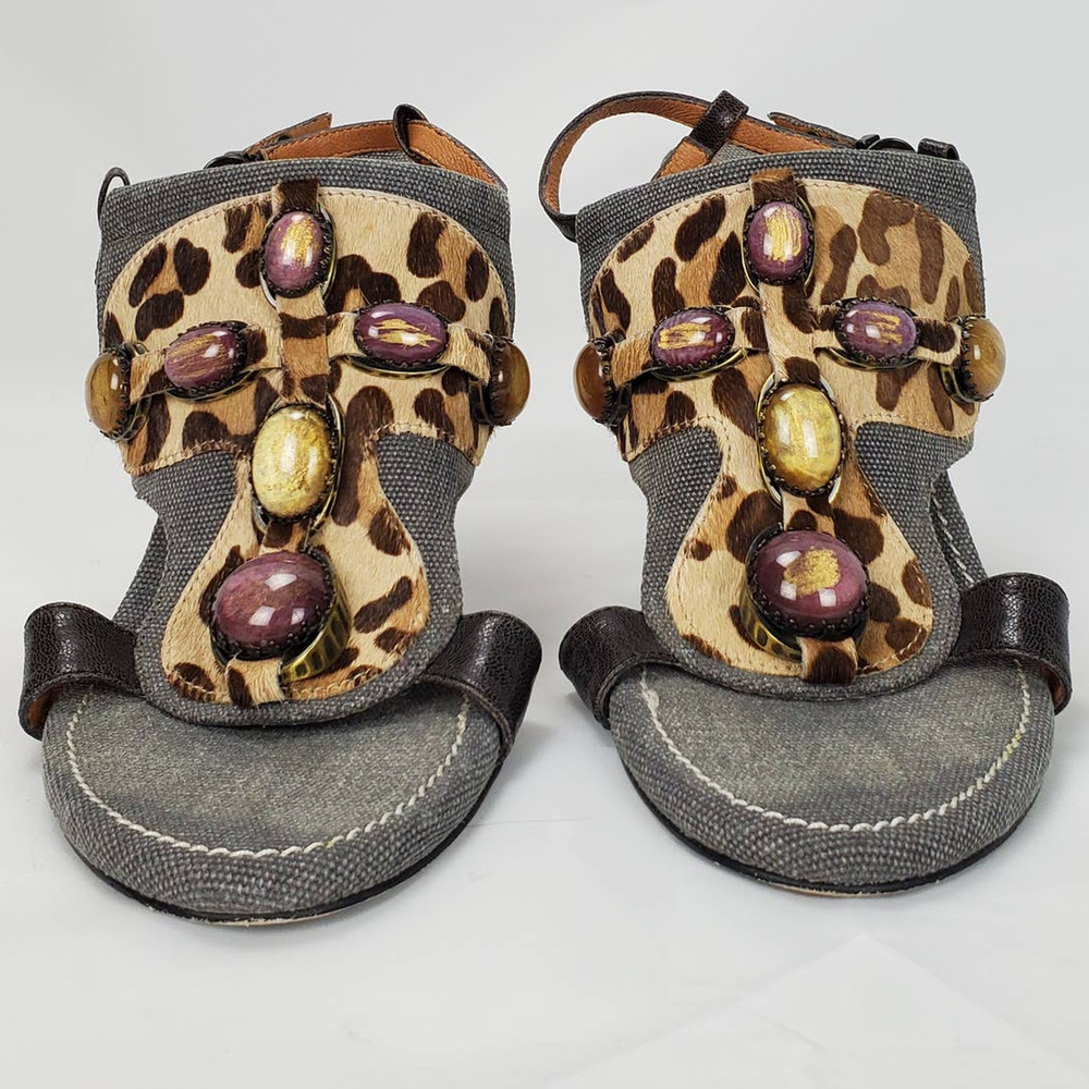 Bacio 61 Italian Leather Sling Back Sandals Size 9 Jewel Top Leopard Stack Heel - Picture 6 of 11
